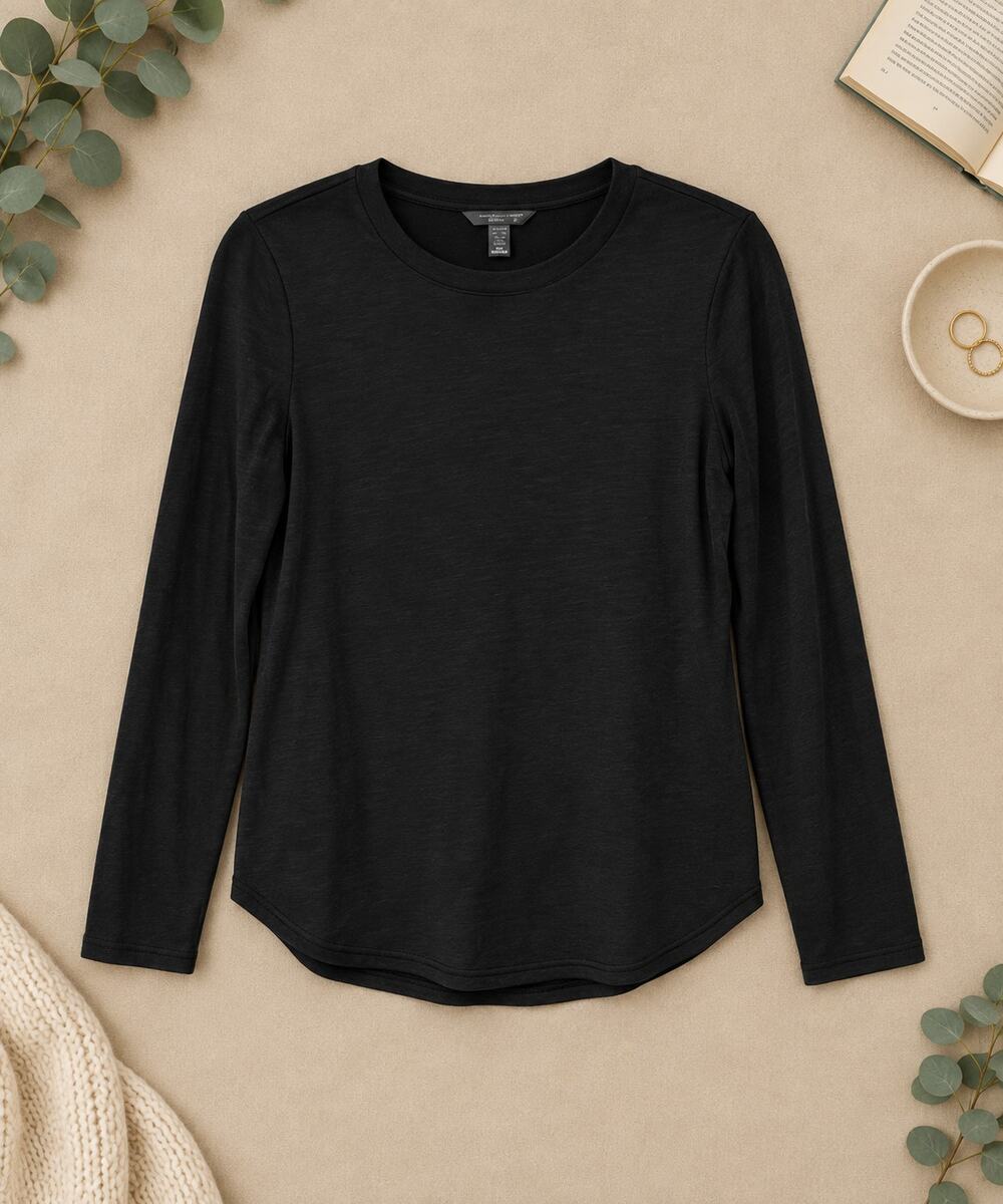 Banana Republic LuxeSpun Black Long Sleeve Crewneck Top Minimalist Casual Size S